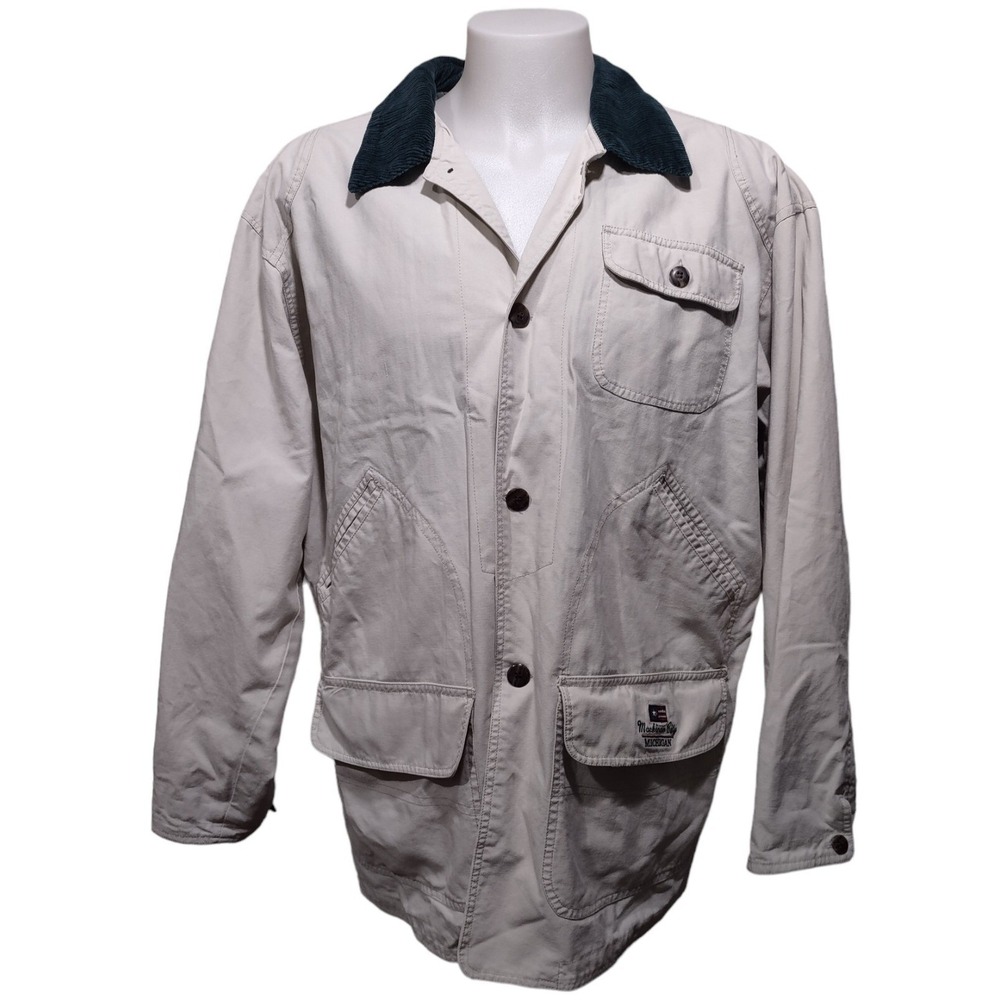 Coat Mackinaw City, MI. Mens Large Tan With Green Courdroy Accent Collar Pockets